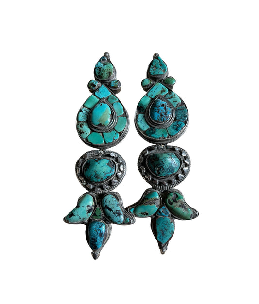 Pair of antique turquoise and silver Tibetan ear pendant / earring