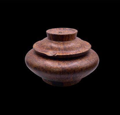 An antique burlwood tsampa container with lid