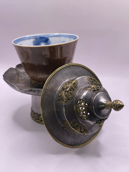 Antique silver Tibetan cup stand with cup
