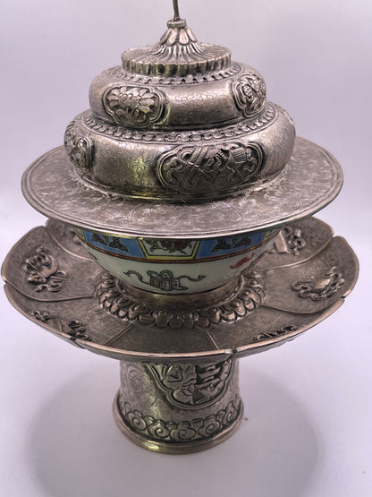 Antique silver Tibetan cup stand