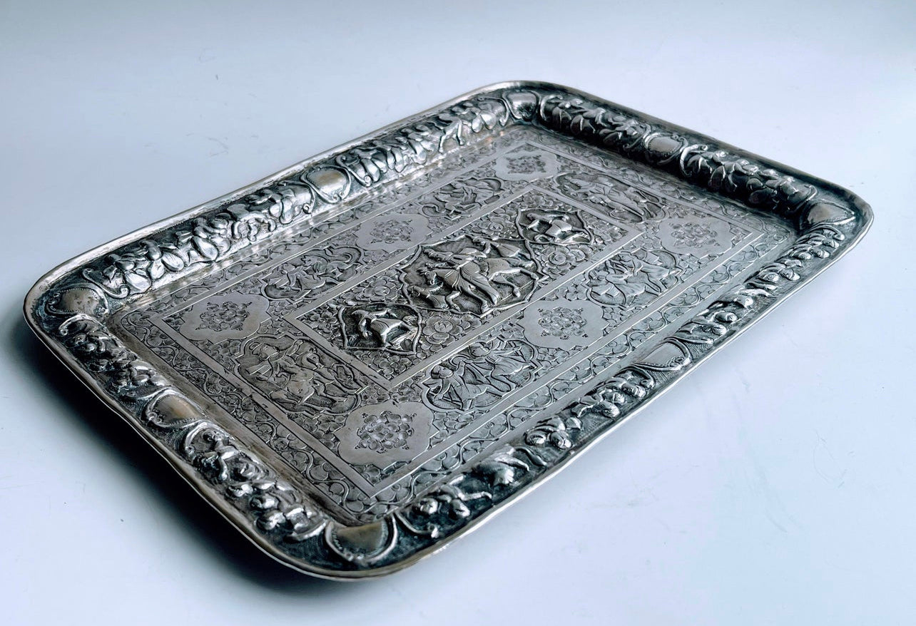 Antique Indian Silver Tray With Relief Figural Design