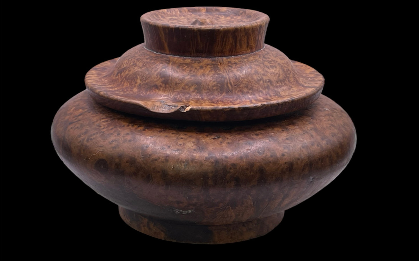 An antique burlwood tsampa container with lid