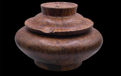 An antique burlwood tsampa container with lid