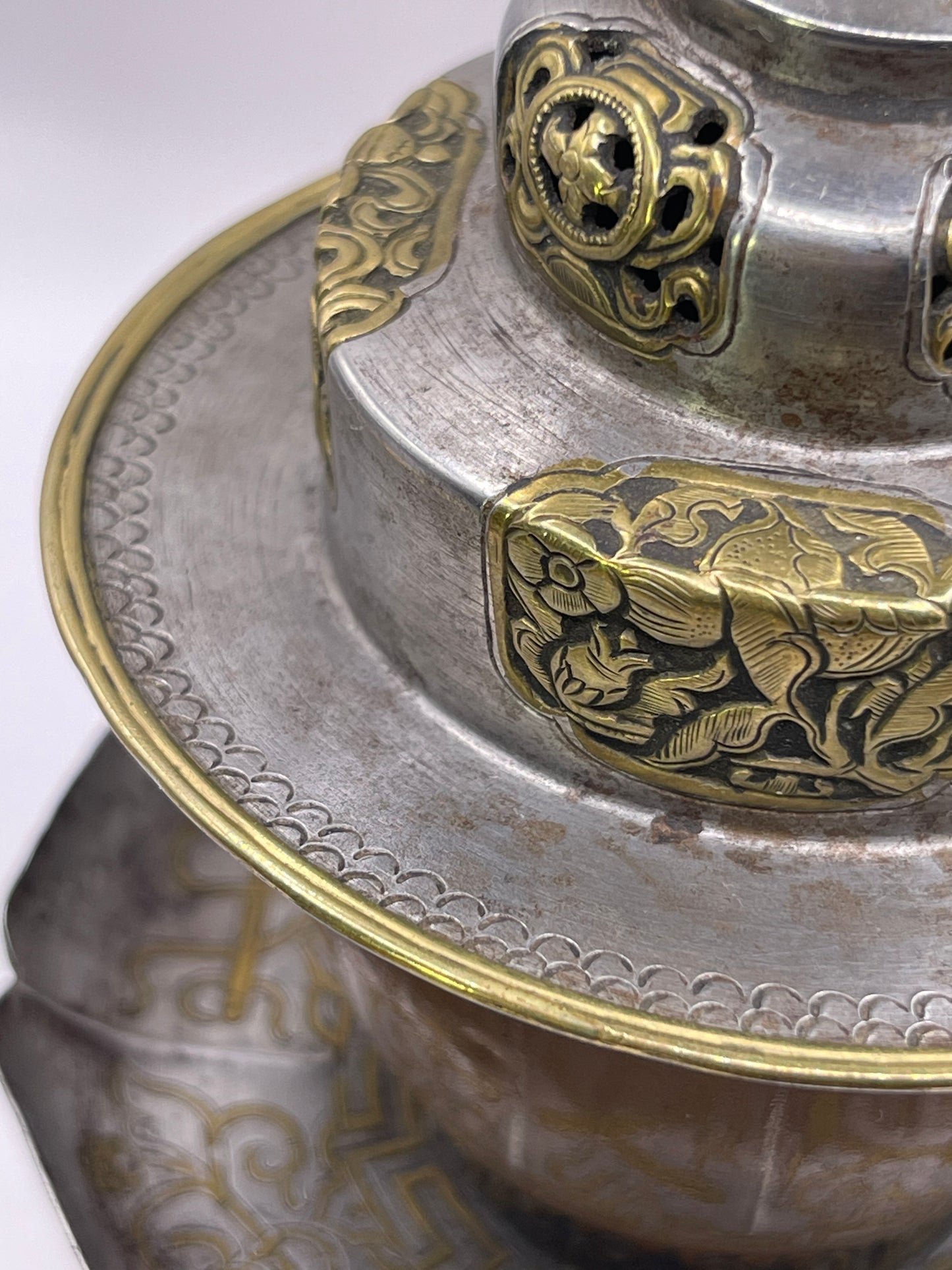 Antique silver Tibetan cup stand with cup