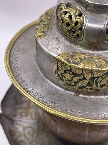 Antique silver Tibetan cup stand with silver cup