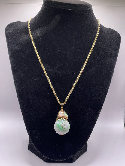 Carved shou jade bead pendant with opals and ruby