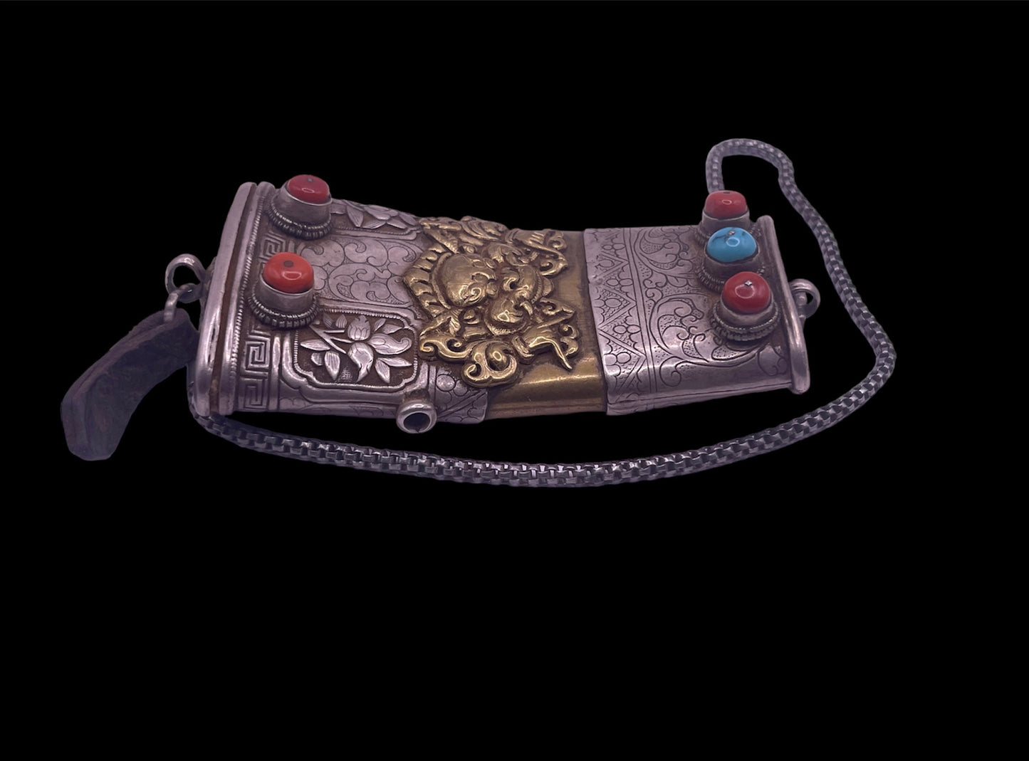 Antique Tibetan silver snuff bottle belt pendants
