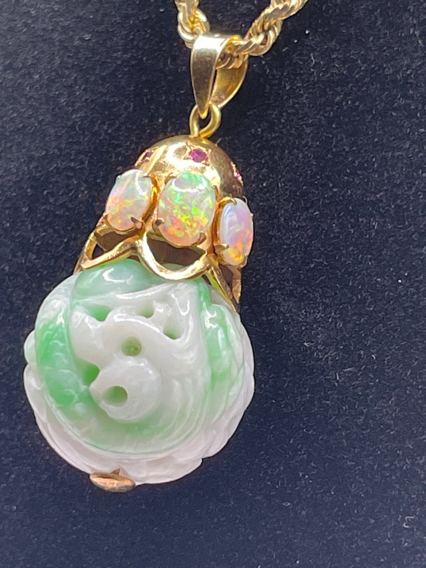 Carved shou jade bead pendant with opals and ruby