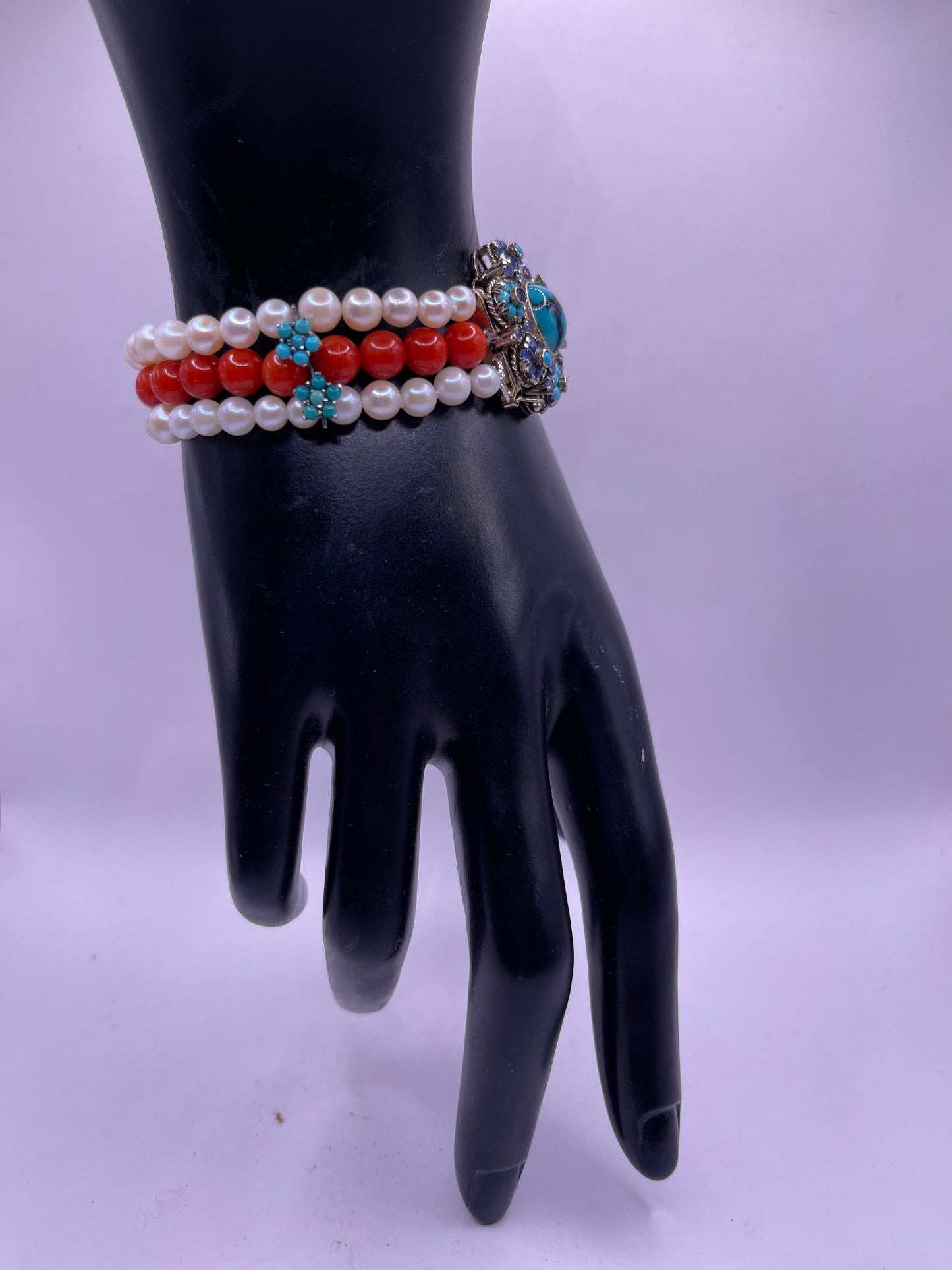 18kt gold, turquoise and sapphire, coral and pearl bracelet