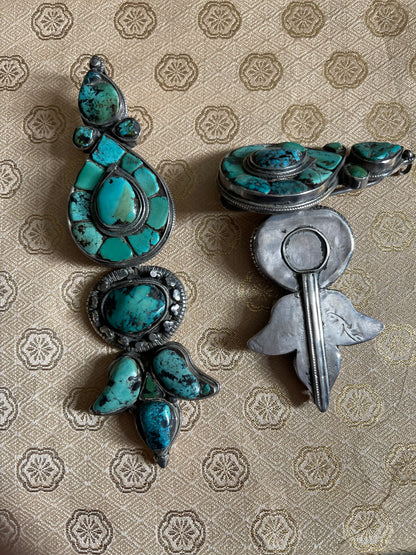 Pair of antique turquoise and silver Tibetan ear pendant / earring