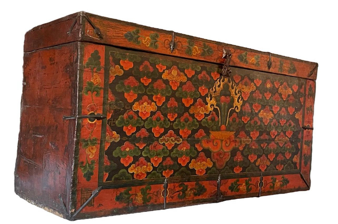 An antique Tibetan Hand painted wooden Trunk