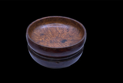 An antique burlwood tsampa bowl with cover