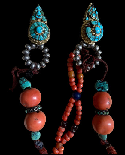 Pair of antique turquoise and silver Tibetan earrings -Ah long