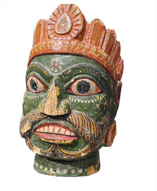 Vintage solid wood doorstop -painted head of Ravana