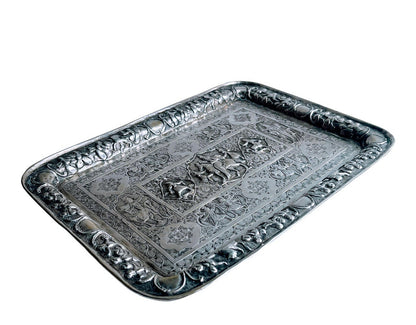 Antique Indian Silver Tray With Relief Figural Design