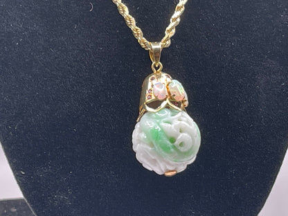 Carved shou jade bead pendant with opals and ruby