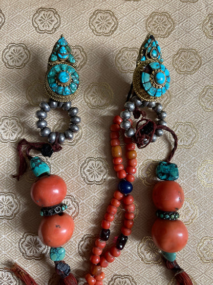 Pair of antique turquoise and silver Tibetan earrings -Ah long