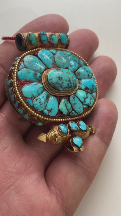 Antique Tibetan turquoise and gold ghau