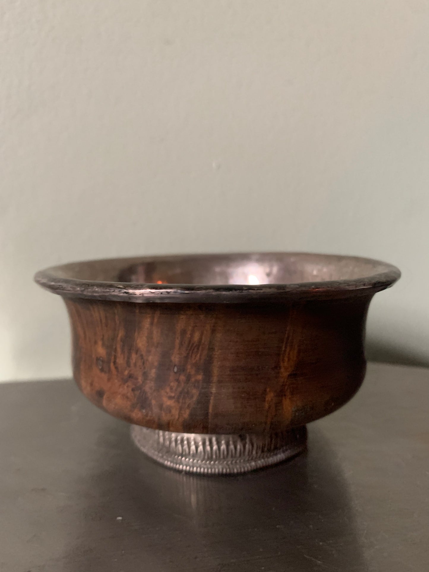 Wooden Tibetan bowl with silver details