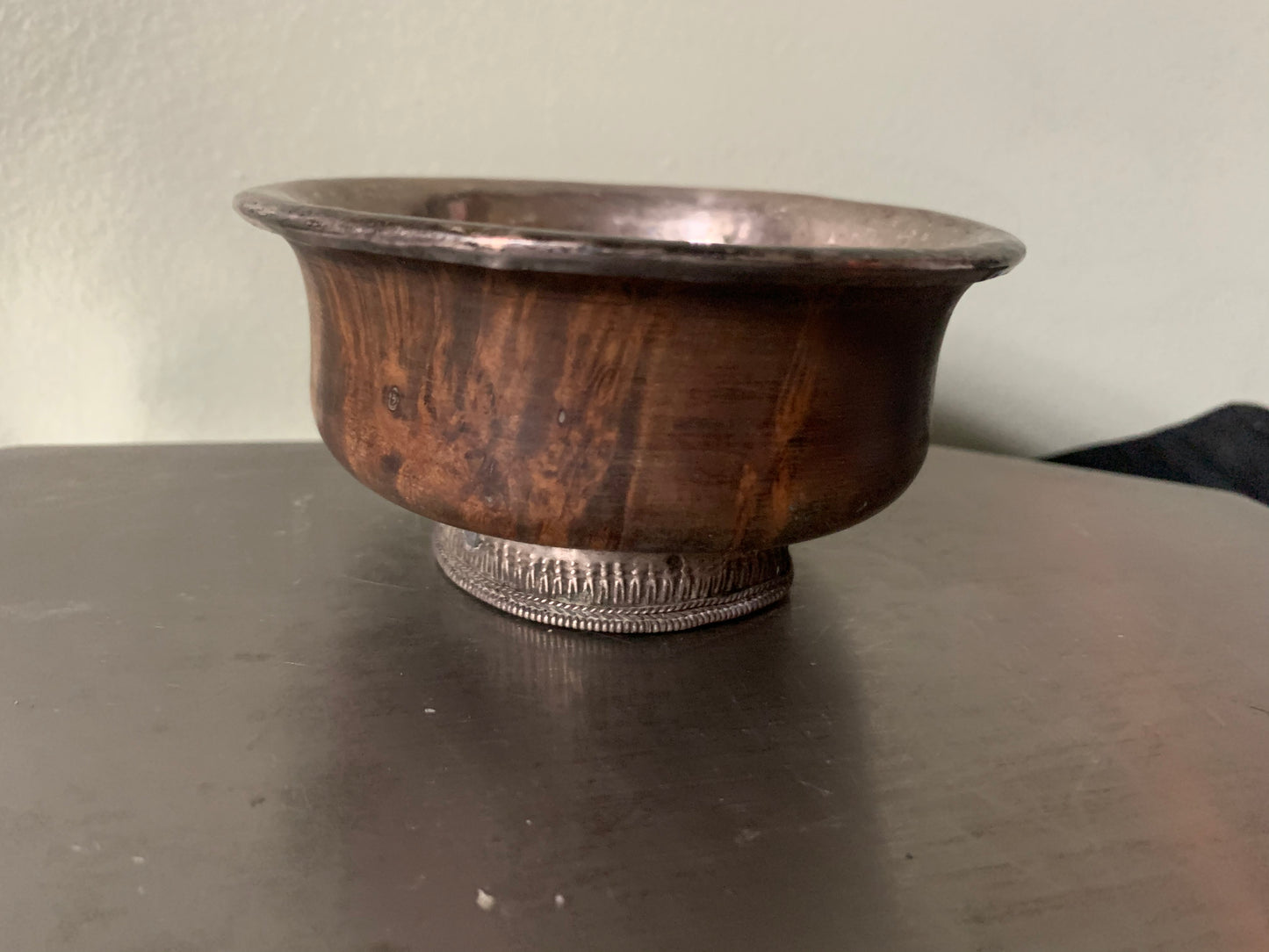 Wooden Tibetan bowl with silver details