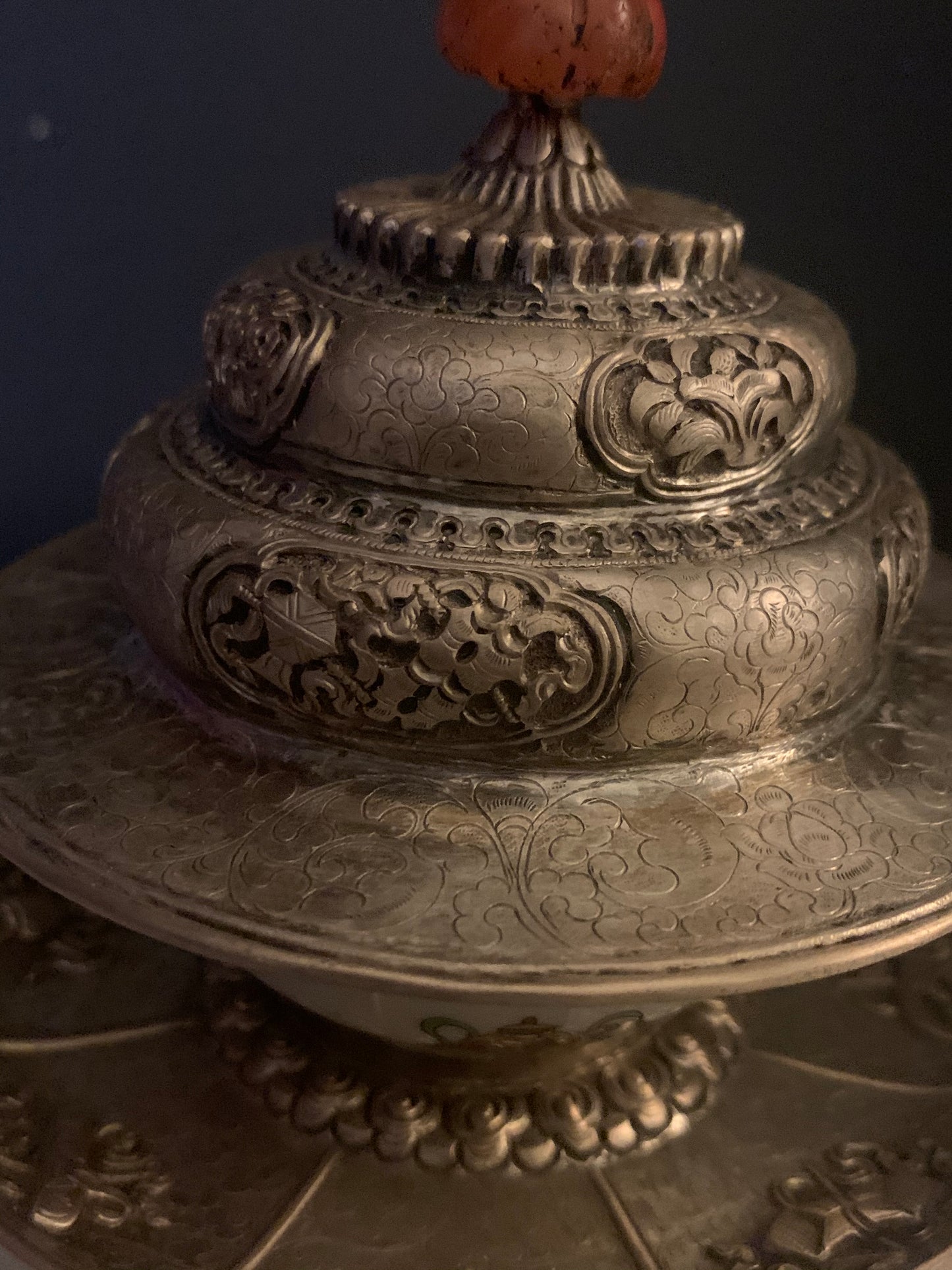 A silver Tibetan cup stand