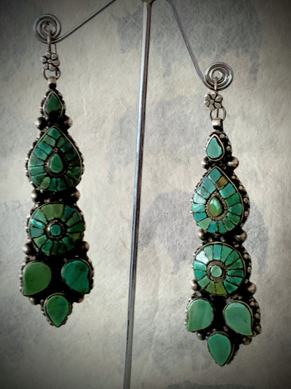 Vintage Tibetan turquoise and silver ear rings