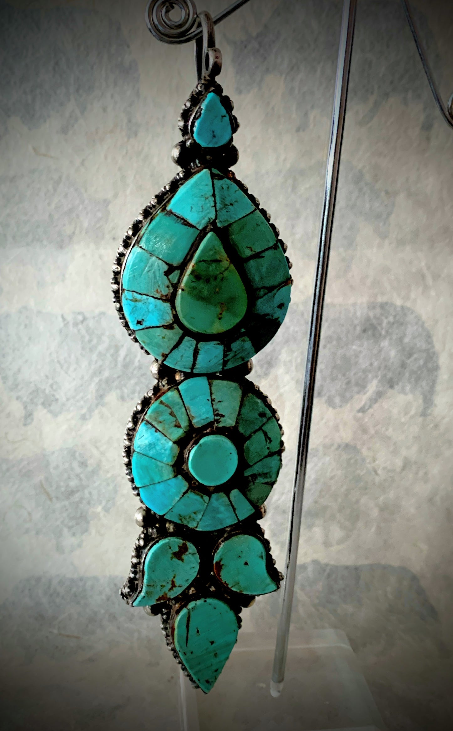 A single antique Tibetan turquoise and silver ear pendant/ earring