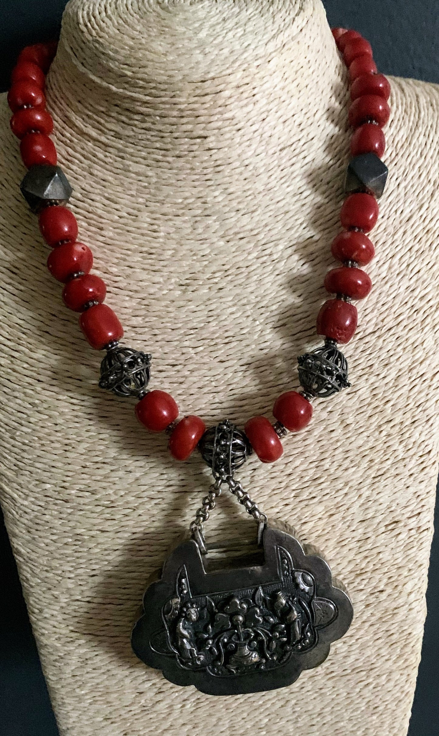 Vintage Chinese lock pendant and Coral bead necklace