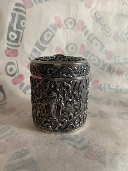 An antique cylindrical Thai silver box