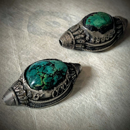 Antique Tibetan turquoise and silver hair beads
