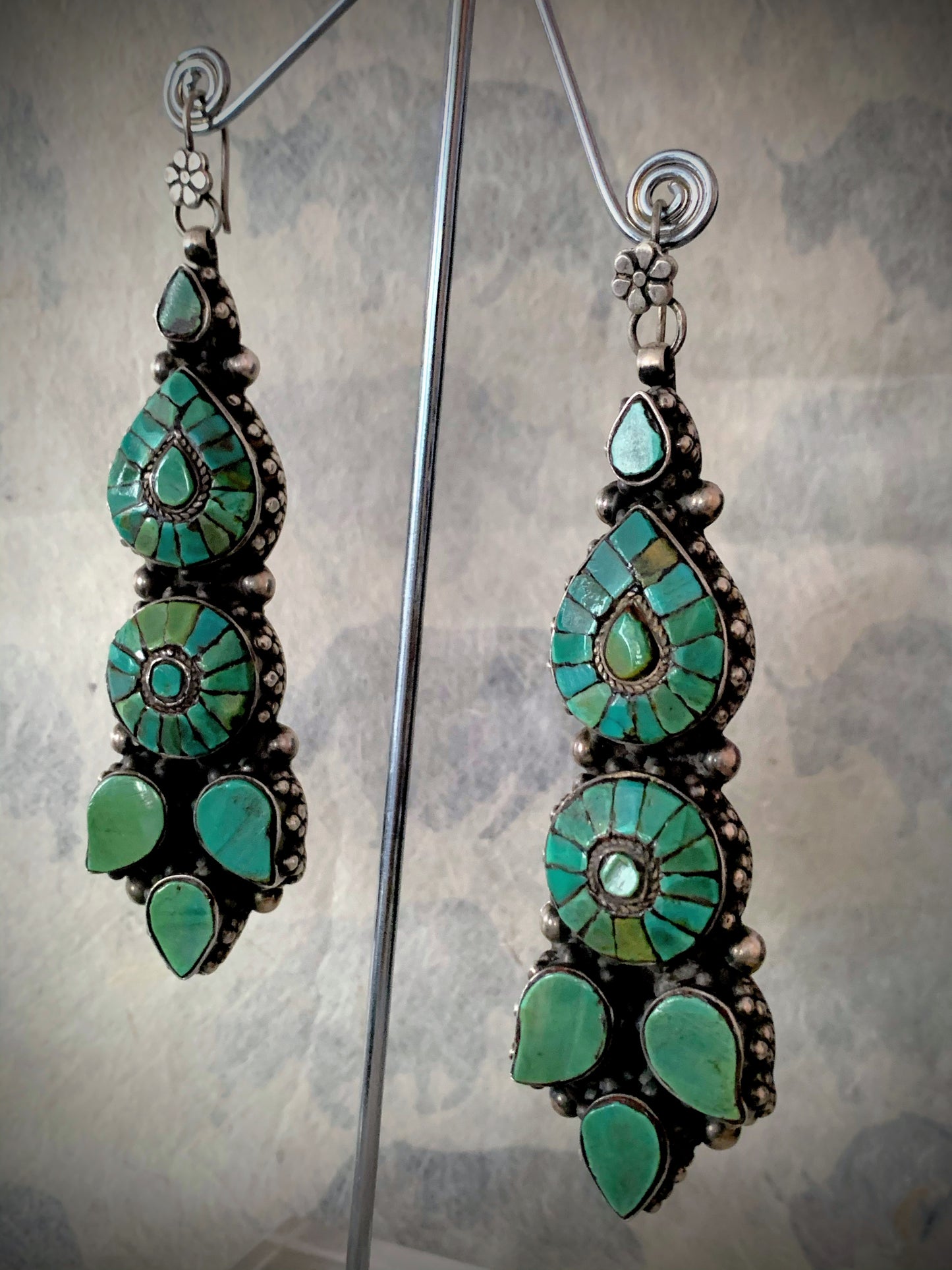 Vintage Tibetan turquoise and silver ear rings