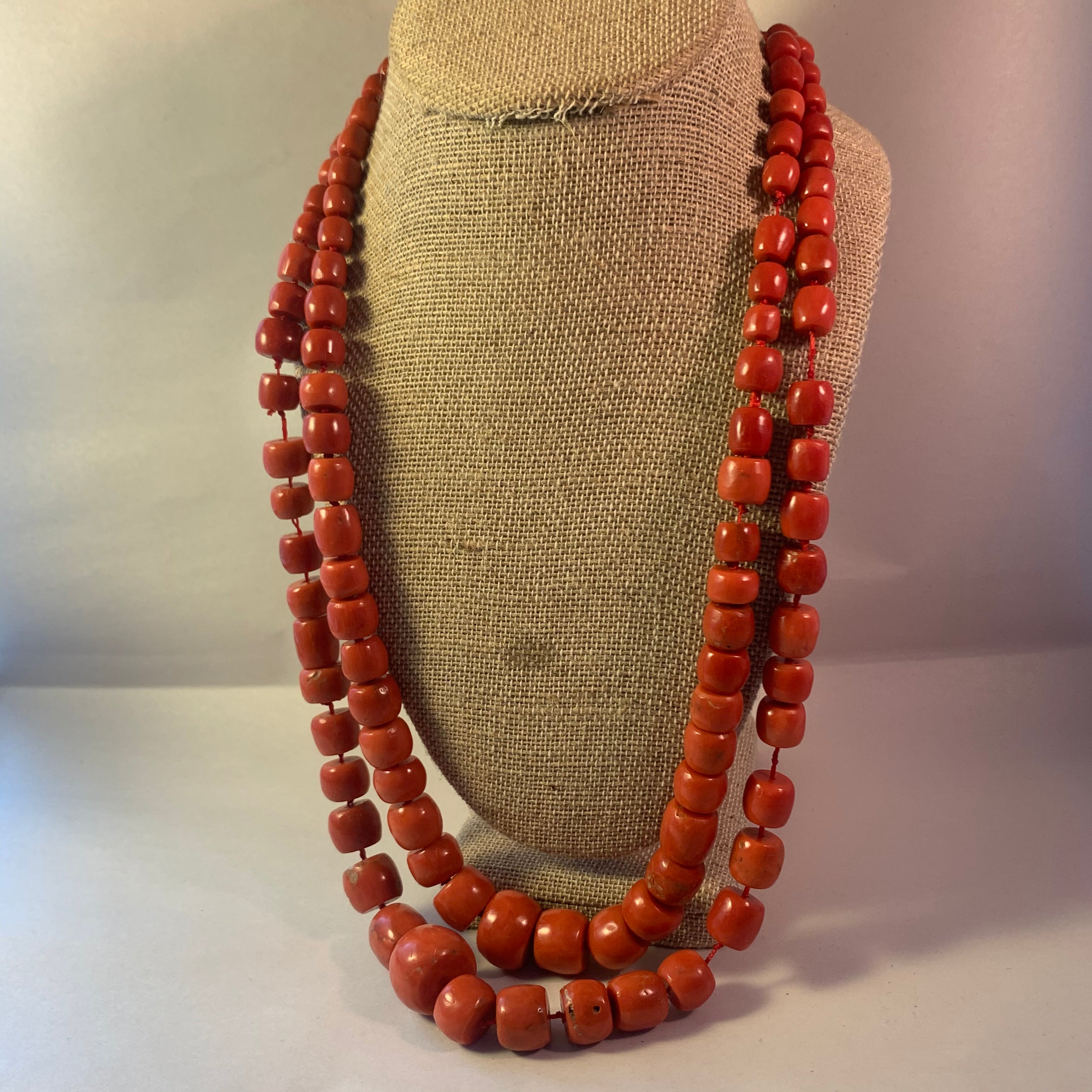 Triple Strand Twisted Salmon Victorian Coral Necklace | Chairish