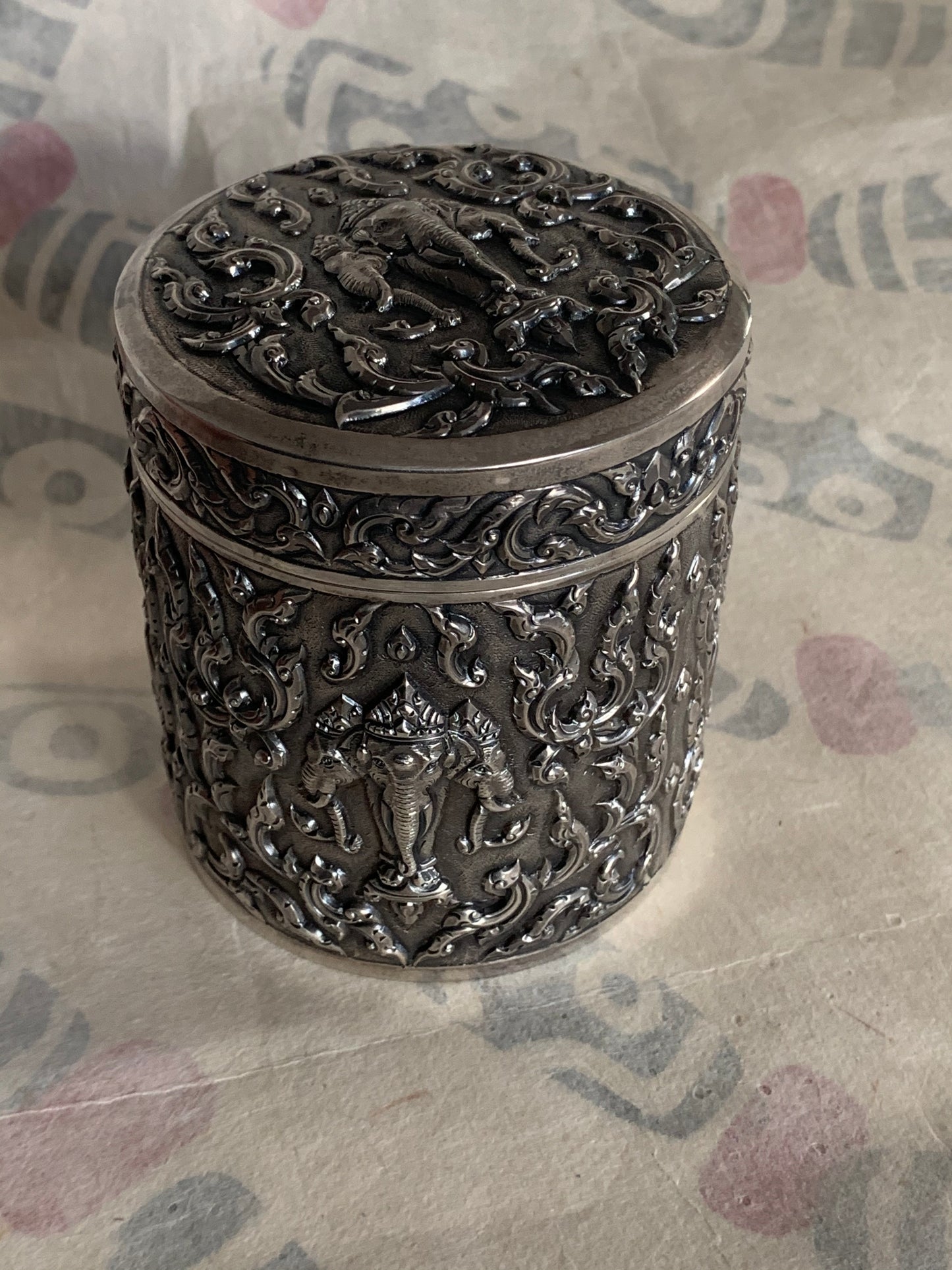 An antique cylindrical Thai silver box