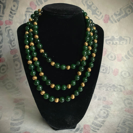 A nephrite jade and 14kt gold bead necklace