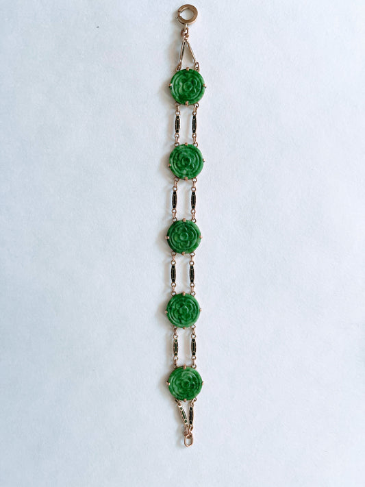 Vintage bracelet with jade in 14kt Art Deco style enamel work.