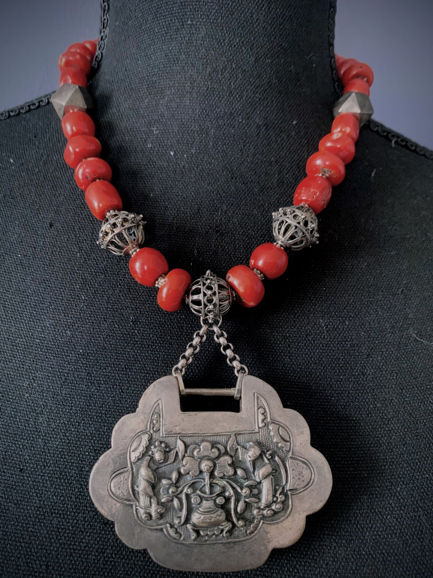 Vintage Chinese lock pendant and Coral bead necklace