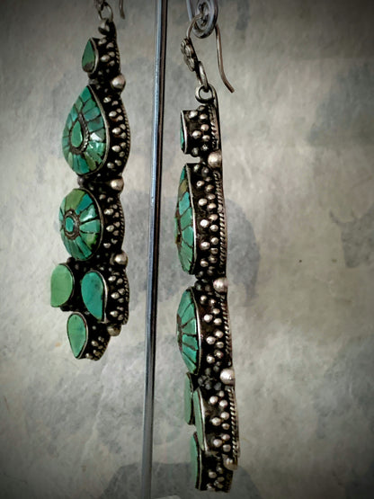 Vintage Tibetan turquoise and silver ear rings