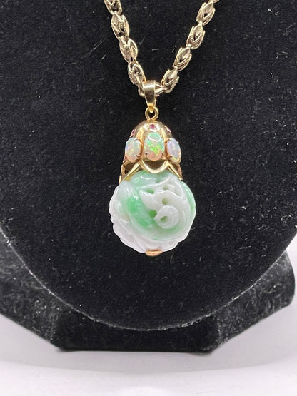 Carved shou jade bead pendant with opals and ruby