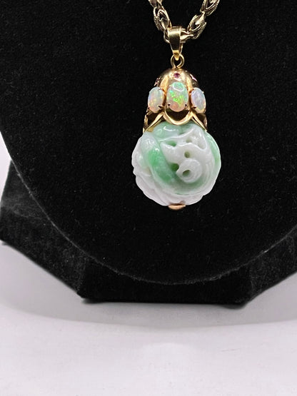 Carved shou jade bead pendant with opals and ruby