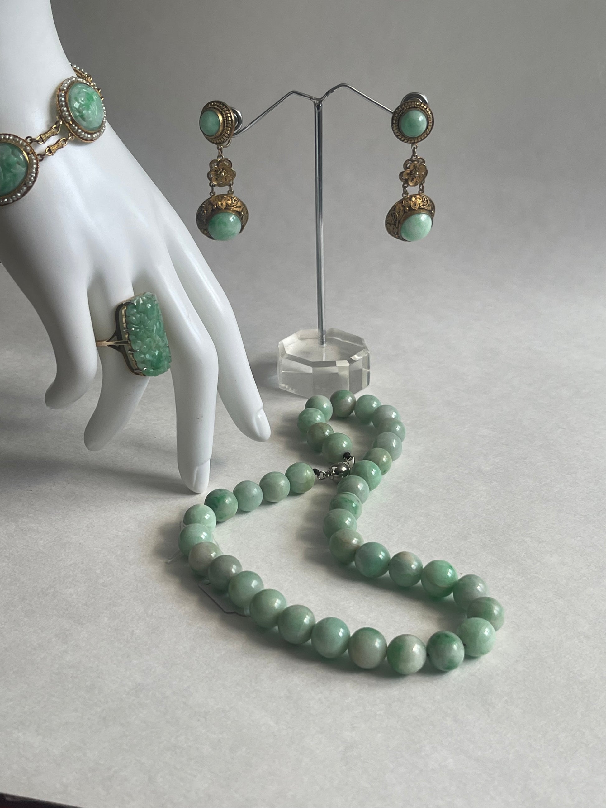 A Necklace with Vintage Carved Jade Shou Beads and Pearls