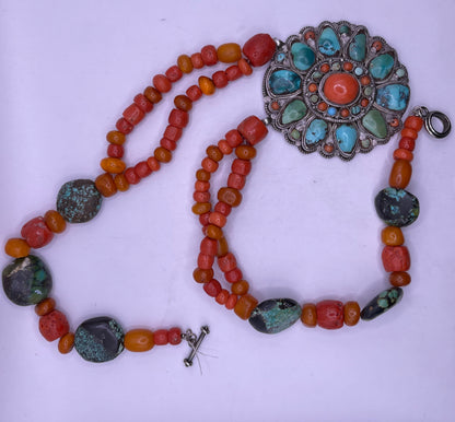 Coral, amber and turquoise necklace with a turquoise and coral silver pendant