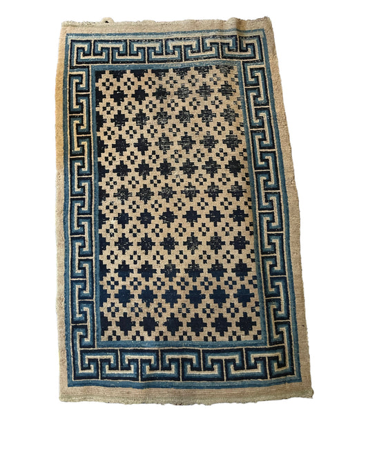 Antique Tibetan wool geometrical vegetable dyed rug