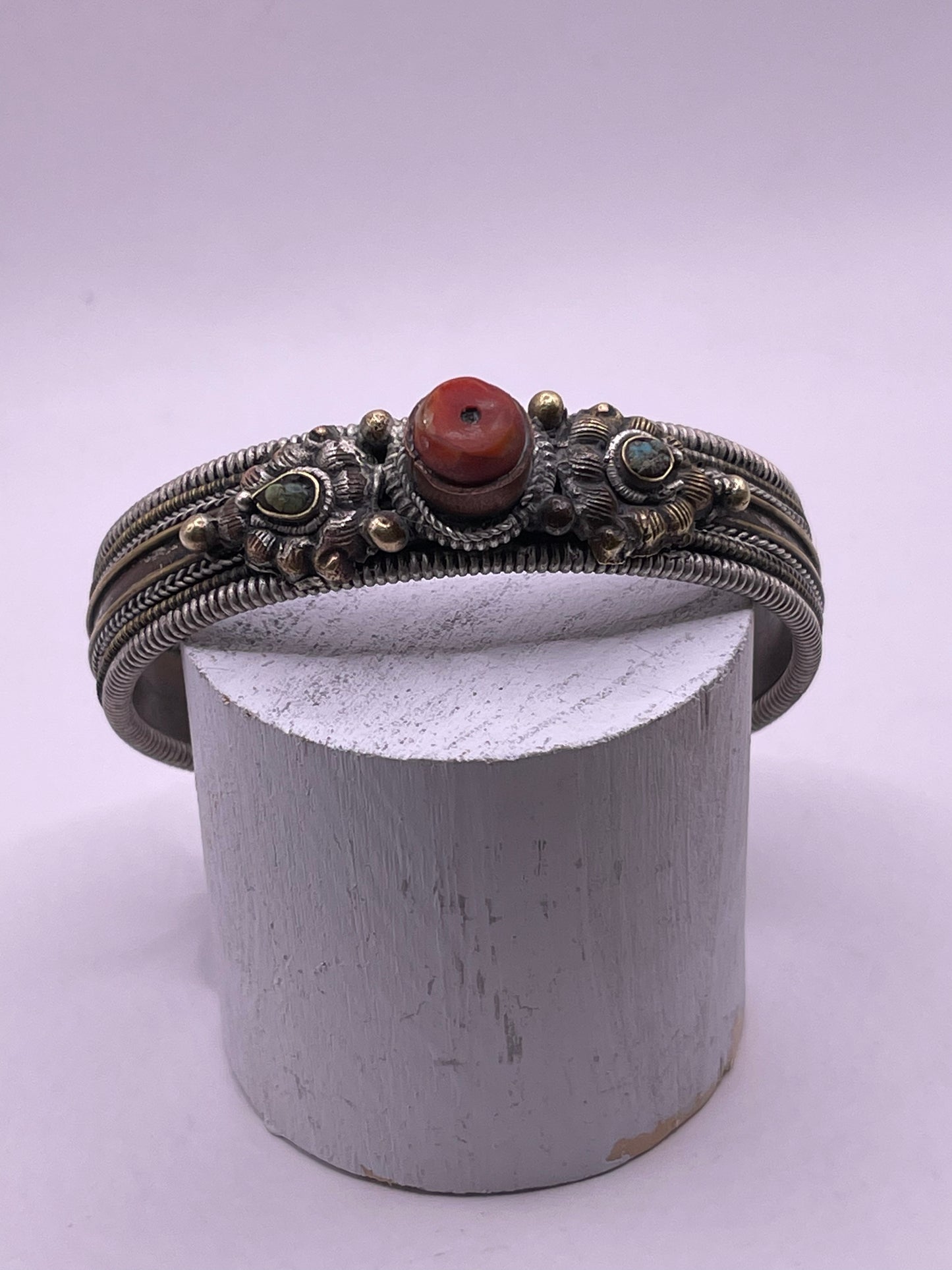 Antique Tibetan silver and coral bangle