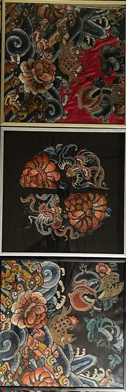 An antique framed Chinese embroidered textile fragment