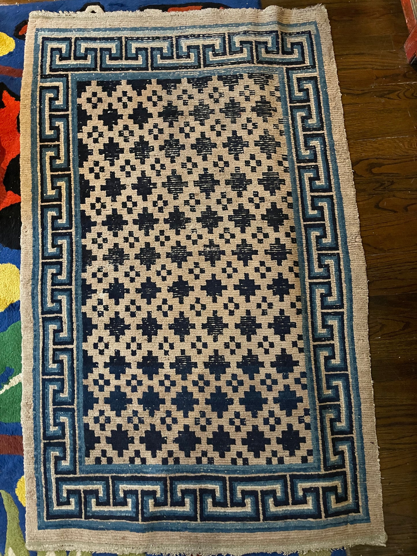 Antique Tibetan wool geometrical vegetable dyed rug