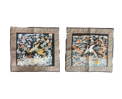 A pair of unframed embroidered square rank badge