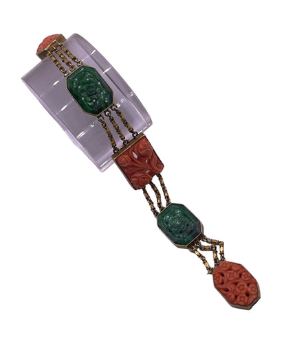 A jade and coral plaque in 14kt bracelet