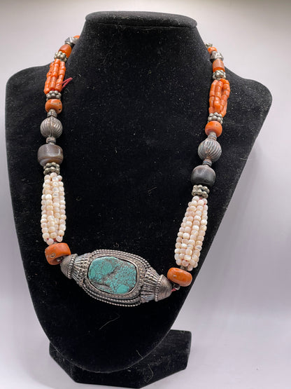 Antique turquoise hair bead necklace