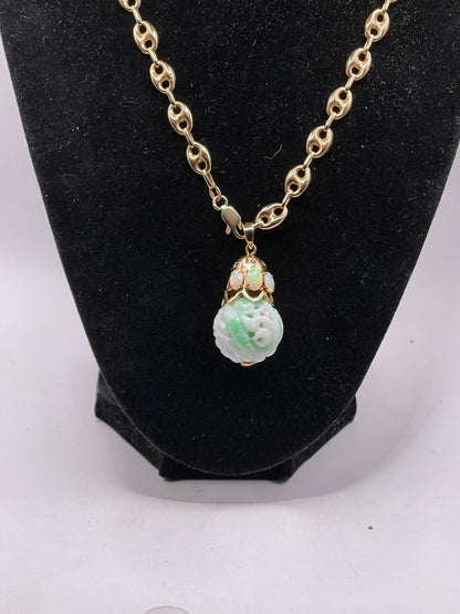Carved shou jade bead pendant with opals and ruby