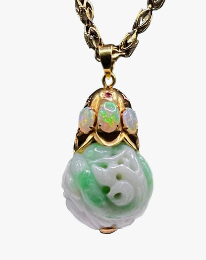 Carved shou jade bead pendant with opals and ruby